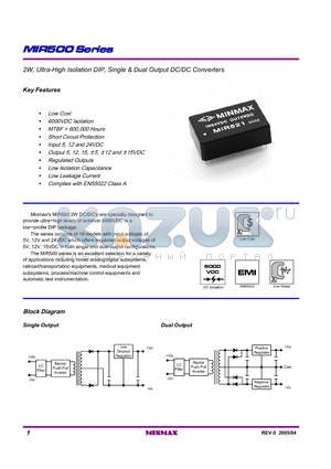 MIR522 datasheet - 2W, Ultra-High Isolation DIP, Single & Dual Output DC/DC Converters