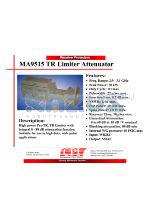 MA9515 datasheet - High power Pre-TR, TR Limiter with integral 0 - 80 dB attenuation function