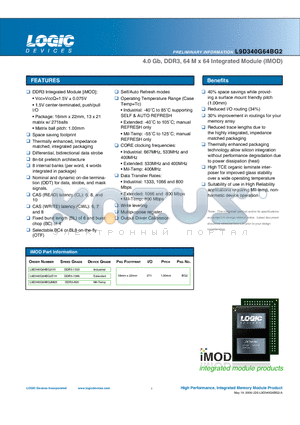 L9D340G64BG2E19 datasheet - 4.0 Gb, DDR3, 64 M x 64 Integrated Module (IMOD)