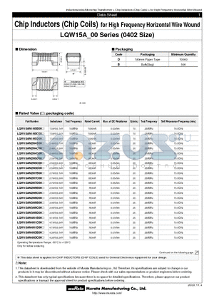 LQW15A datasheet - Chip Inductors (Chip Coils) for High Frequency Horizontal Wire Wound