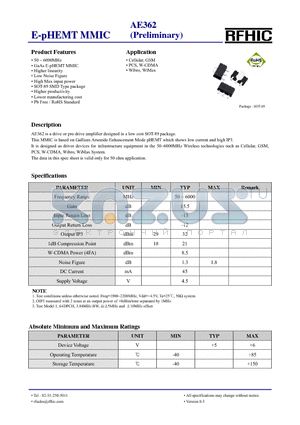 AE362 datasheet - E-pHEMT MMIC