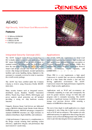 AE45C datasheet - HIGH SECURITY 16 BIT SMART CARD MICROCONTROLLER