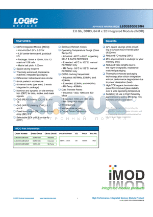 L9D320G32BG6E25 datasheet - 2.0 Gb, DDR3, 64 M x 32 Integrated Module (IMOD)