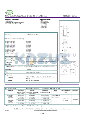 HC49USM4-BI3F18-20.000 datasheet - 4 Pad Metal Package Quartz Crystal, 4.8 mm x 12.5 mm