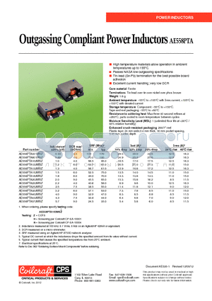 AE558PTA datasheet - Outgassing Compliant Power Inductors