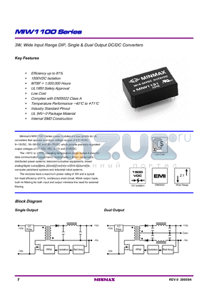 MIW1100 datasheet - 3W, Wide Input Range DIP, Single & Dual Output DC/DC Converters