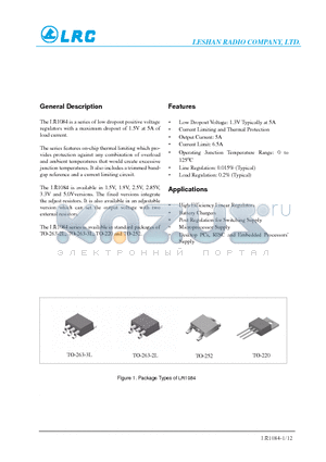 LR1084S2-2.85 datasheet - Low Dropout Voltage: 1.3V Typically at 5A, Current Limiting and Thermal Protection