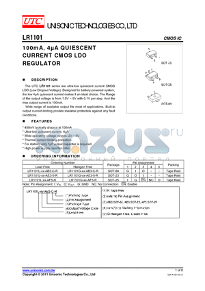 LR1101_11 datasheet - 100mA, 4lA QUIESCENT CURRENT CMOS LDO REGULATOR