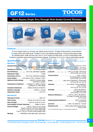 GF12X0FKB101K datasheet - 12mm Square, Single-Turn, Through-Hole Sealed Cermet Trimmers