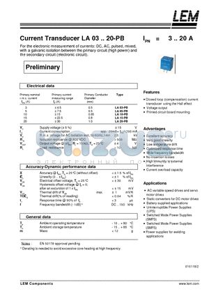 LA10-PB datasheet - Current Transducer LA 03~20-PB