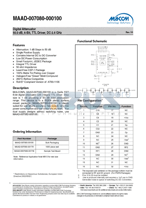MAAD-0007080-001TB datasheet - Digital Attenuator 50.0 dB, 6-Bit, TTL Driver, DC-2.4 GHz