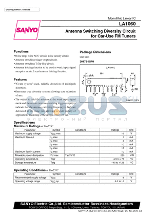 LA1060 datasheet - Antenna Switching Diversity Circuit for Car-Use FM Tuners