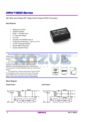 MIW1513 datasheet - 3W, Wide Input Range DIP, Single & Dual Output DC/DC Converters