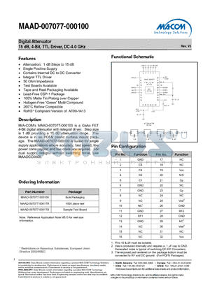 MAAD-007077-0001TR datasheet - Digital Attenuator 15 dB, 4-Bit, TTL Driver, DC-4.0 GHz