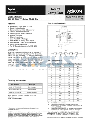 MAAD-007078-0001TB datasheet - Digital Attenuator 31 dB, 5-Bit, TTL Driver, DC-3.0 GHz