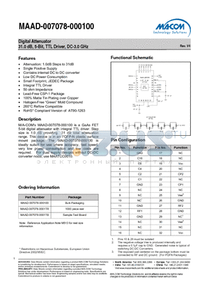 MAAD-007078-0001TB datasheet - Digital Attenuator 31.0 dB, 5-Bit, TTL Driver, DC-3.0 GHz