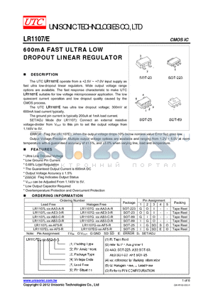 LR1107L-XX-AB3-C-R datasheet - 600mA FAST ULTRA LOW DROPOUT LINEAR REGULATOR