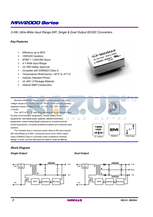 MIW2022 datasheet - 3-4W, Ultra-Wide Input Range DIP, Single & Dual Output DC/DC Converters