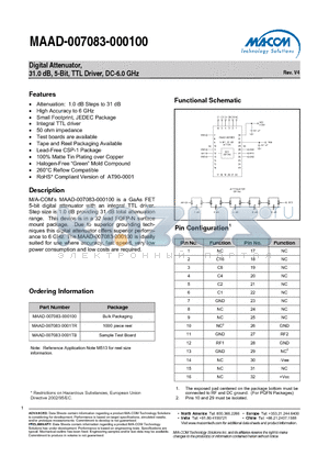 MAAD-007083-000100 datasheet - Digital Attenuator, 31.0 dB, 5-Bit, TTL Driver, DC-6.0 GHz