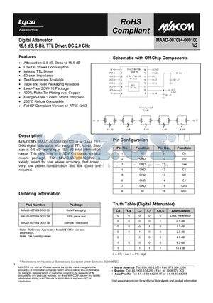 MAAD-007084-000100 datasheet - Digital Attenuator 15.5 dB, 5-Bit, TTL Driver, DC-2.0 GHz