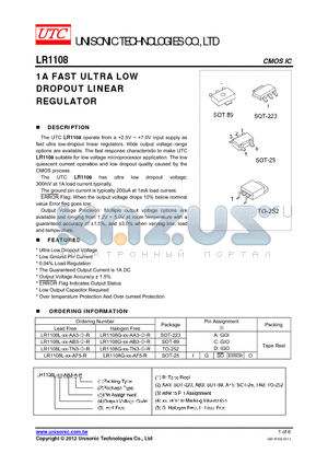 LR1108G-XX-AA3-C-R datasheet - 1A FAST ULTRA LOW DROPOUT LINEAR REGULATOR