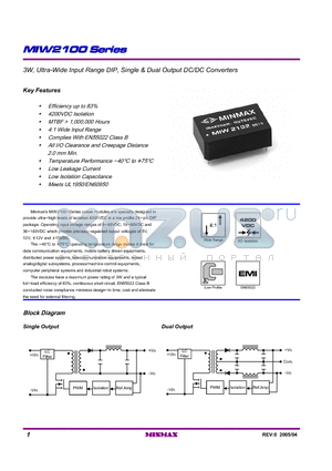 MIW2122 datasheet - 3W, Ultra-Wide Input Range DIP, Single & Dual Output DC/DC Converters