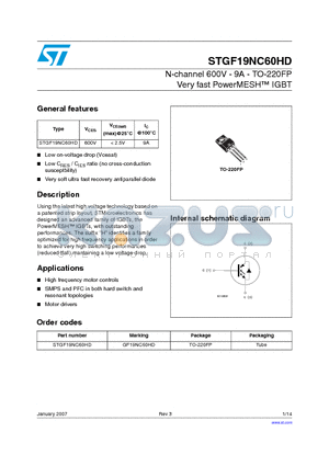 GF19NC60HD datasheet - N-channel 600V - 9A - TO-220FP Very fast PowerMESH TM IGBT