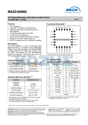MAAD-008866-TR3000 datasheet - 75 Y Digital Attenuator, 6-Bit, Serial / Parallel Control