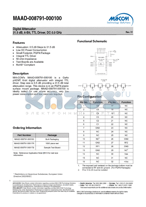 MAAD-008791-0001TB datasheet - Digital Attenuator 31.5 dB, 6-Bit, TTL Driver, DC-3.0 GHz