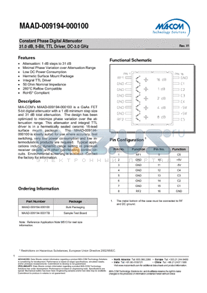 MAAD-009194-000100 datasheet - Constant Phase Digital Attenuator 31.0 dB, 5-Bit, TTL Driver, DC-3.0 GHz