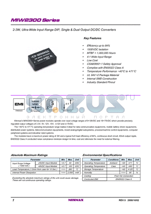 MIW2337 datasheet - 2-3W, Ultra-Wide Input Range DIP, Single & Dual Output DC/DC Converters