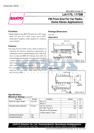 LA1175 datasheet - FM Front End For Car Radio, Home Stereo Applications