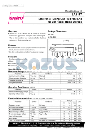 LA1177 datasheet - Electronic Tuning-Use FM Front End for Car Radio, Home Stereos