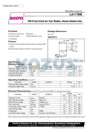 LA1178M datasheet - FM Front End for Car Radio, Home Radio-Use