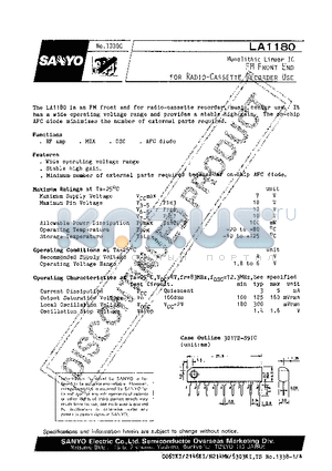 LA1180 datasheet - MONOLITHIC LINEAR IC FM FRONT END FOR RADIO CASSETTE RECORDER USE