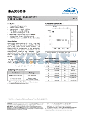 MAADSS0019SMB datasheet - Digital Attenuator, 4-Bit, Single Control 15 dB, 2.0 - 6.0 GHz