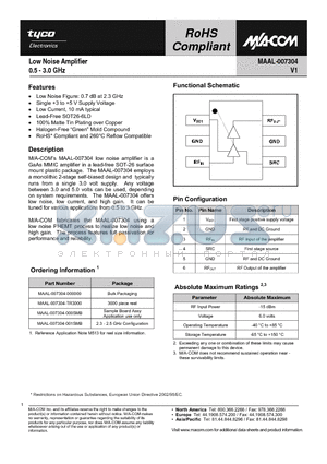MAAL-007304 datasheet - Low Noise Amplifier 0.5 - 3.0 GHz