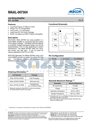 MAAL-007304 datasheet - Low Noise Amplifier 0.5 - 3.0 GHz Rev. V4