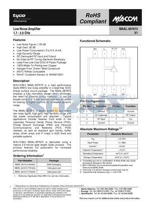 MAAL-007673-000000 datasheet - Low Noise Amplifier 1.7 - 2.0 GHz