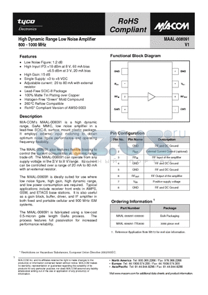 MAAL-008091-TR3000 datasheet - High Dynamic Range Low Noise Amplifier 800 - 1000 MHz