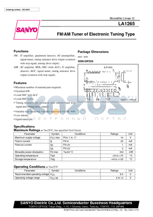 LA1265 datasheet - FM/AM Tuner of Electronic Tuning Type