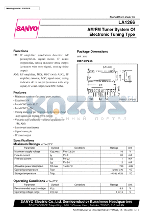 LA1266 datasheet - AM/FM Tuner System Of Electronic Tuning Type