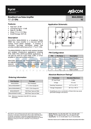 MAALSS0024SMB-02 datasheet - Broadband Low Noise Amplifier 1.7 - 2.1 GHz