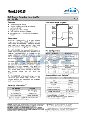 MAALSS0025SMB datasheet - High Dynamic Range Low Noise Amplifier 400 - 500 MHz