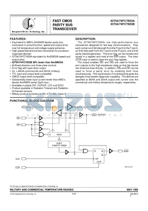 IDT54FCT833BDB datasheet - FAST CMOS PARITY BUS TRANSCEIVER