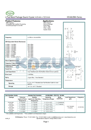 HC49USM6-FJ1F18-20.000 datasheet - 4 Pad Metal Package Quartz Crystal, 4.8 mm x 12.5 mm