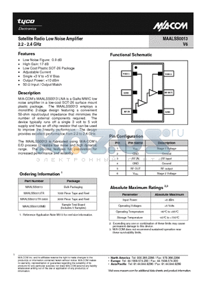 MAALSS0013 datasheet - Satellite Radio Low Noise Amplifier 2.2 - 2.4 GHz