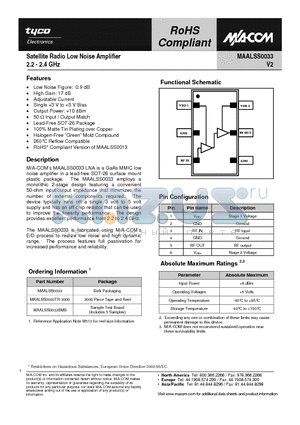 MAALSS0033TR-3000 datasheet - Satellite Radio Low Noise Amplifier 2.2 - 2.4 GHz