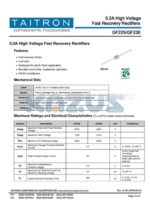 GF225 datasheet - 0.2A High Voltage Fast Recovery Rectifiers