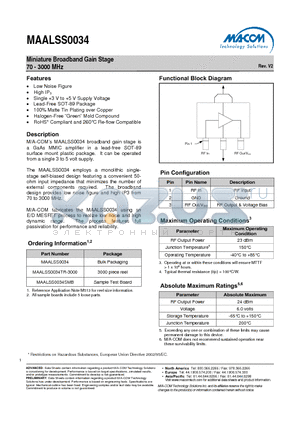 MAALSS0034TR-3000 datasheet - Miniature Broadband Gain Stage 70 - 3000 MHz